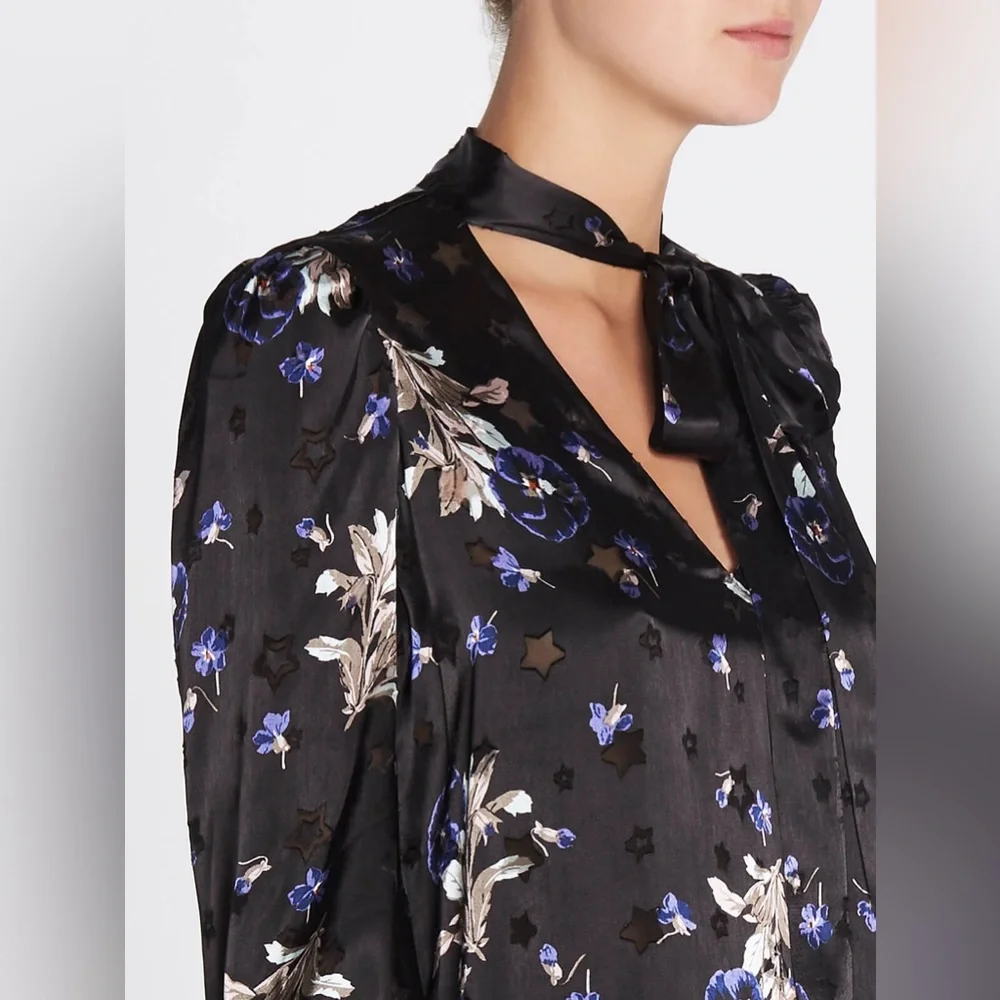 Rebecca Taylor Satin Burnout Scarf Neck Top - Violet Floral Size 4 - Picture 3 of 14